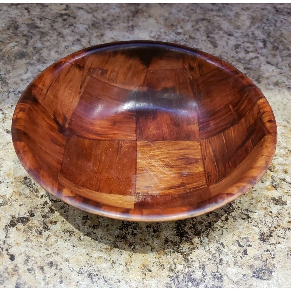 Bowl Vintage Checkered Wood Pattern Woven  6" Salad Snack Fruit